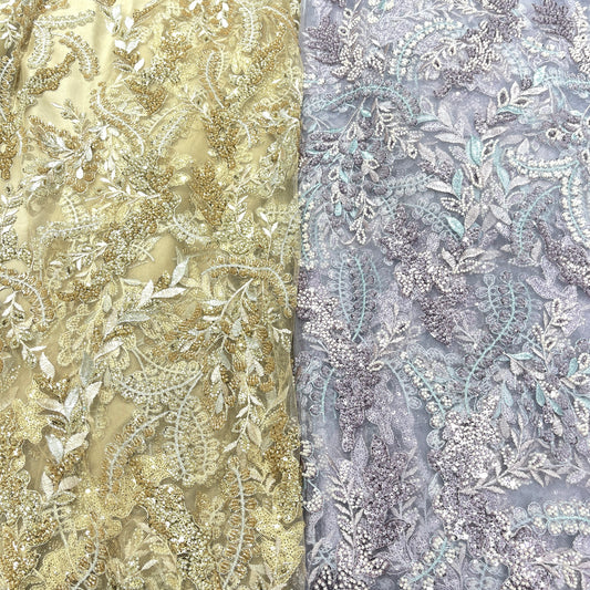 Luxury 3D Floral Sequin Embroidered Net Fabric – Silver, Champagne & Mint