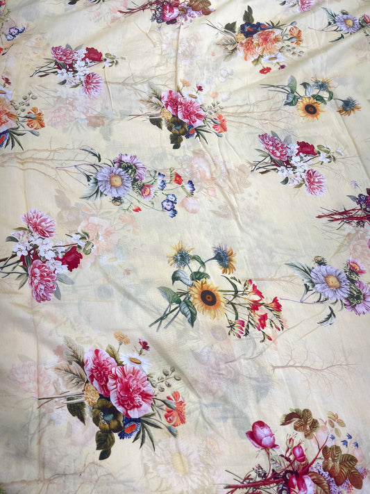 Pure Chanderi Digital Floral Print Fabric – Soft Cream Yellow Elegance