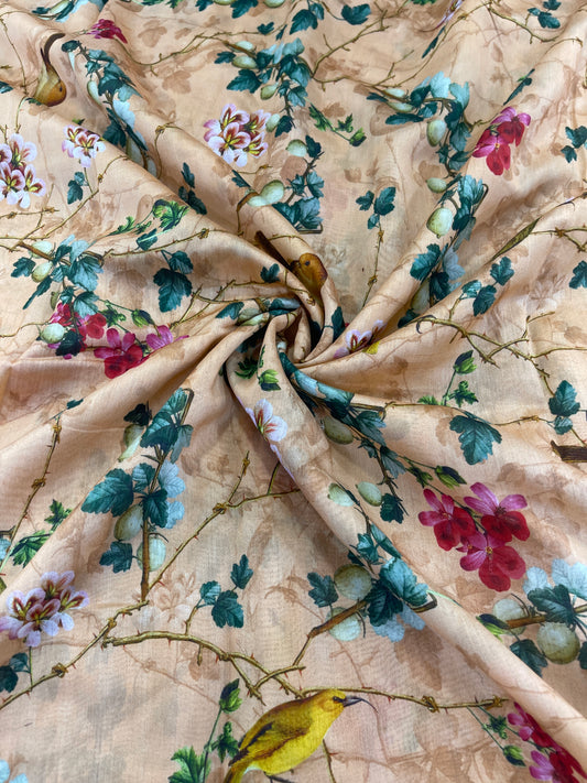 Pure Chanderi Digital Print Fabric – Bird & Floral Motif on Soft Beige Base
