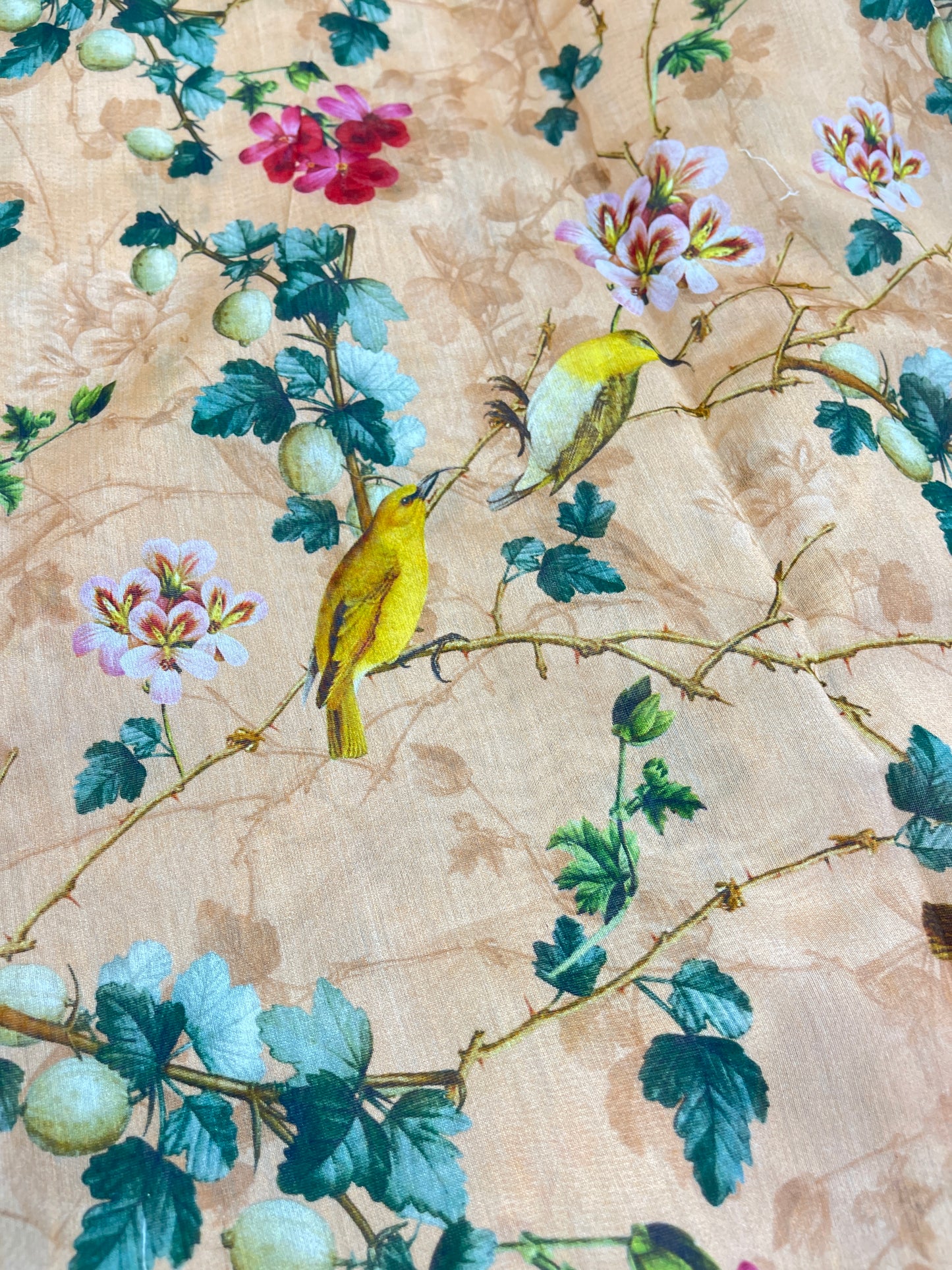Pure Chanderi Digital Print Fabric – Bird & Floral Motif on Soft Beige Base