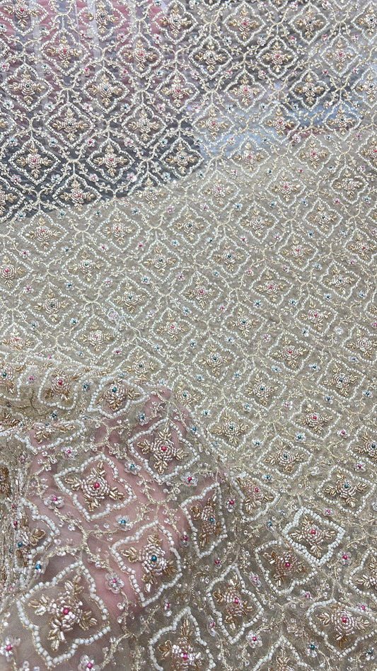 Premium Embroidered Net Fabric with Sequin & Bead Work