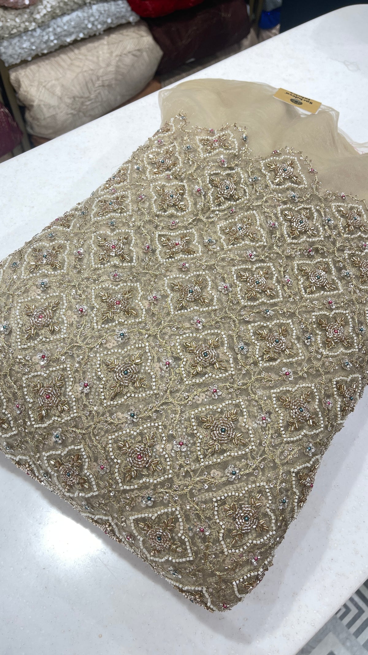 Premium Embroidered Net Fabric with Sequin & Bead Work