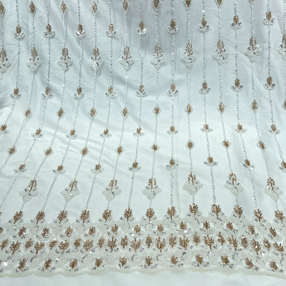 White Sheer Net Fabric with Gold & Silver Embroidery & Sequin Border