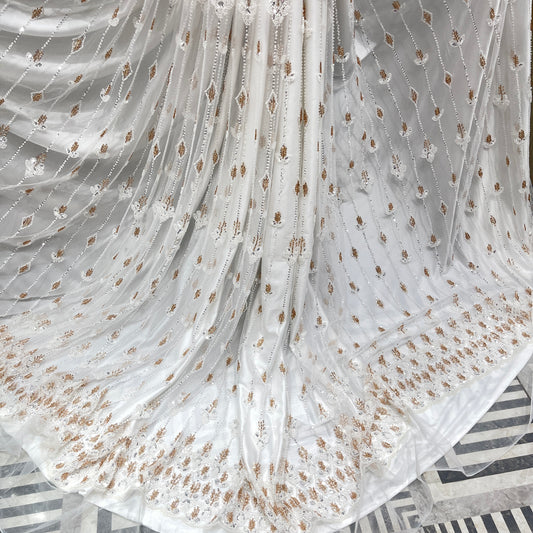 White Sheer Net Fabric with Gold & Silver Embroidery & Sequin Border