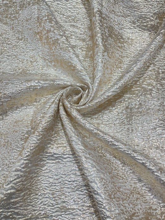 Luxury Imported Ivory Gold Textured Shimmer Fabric – Premium Designer Party Wear Material