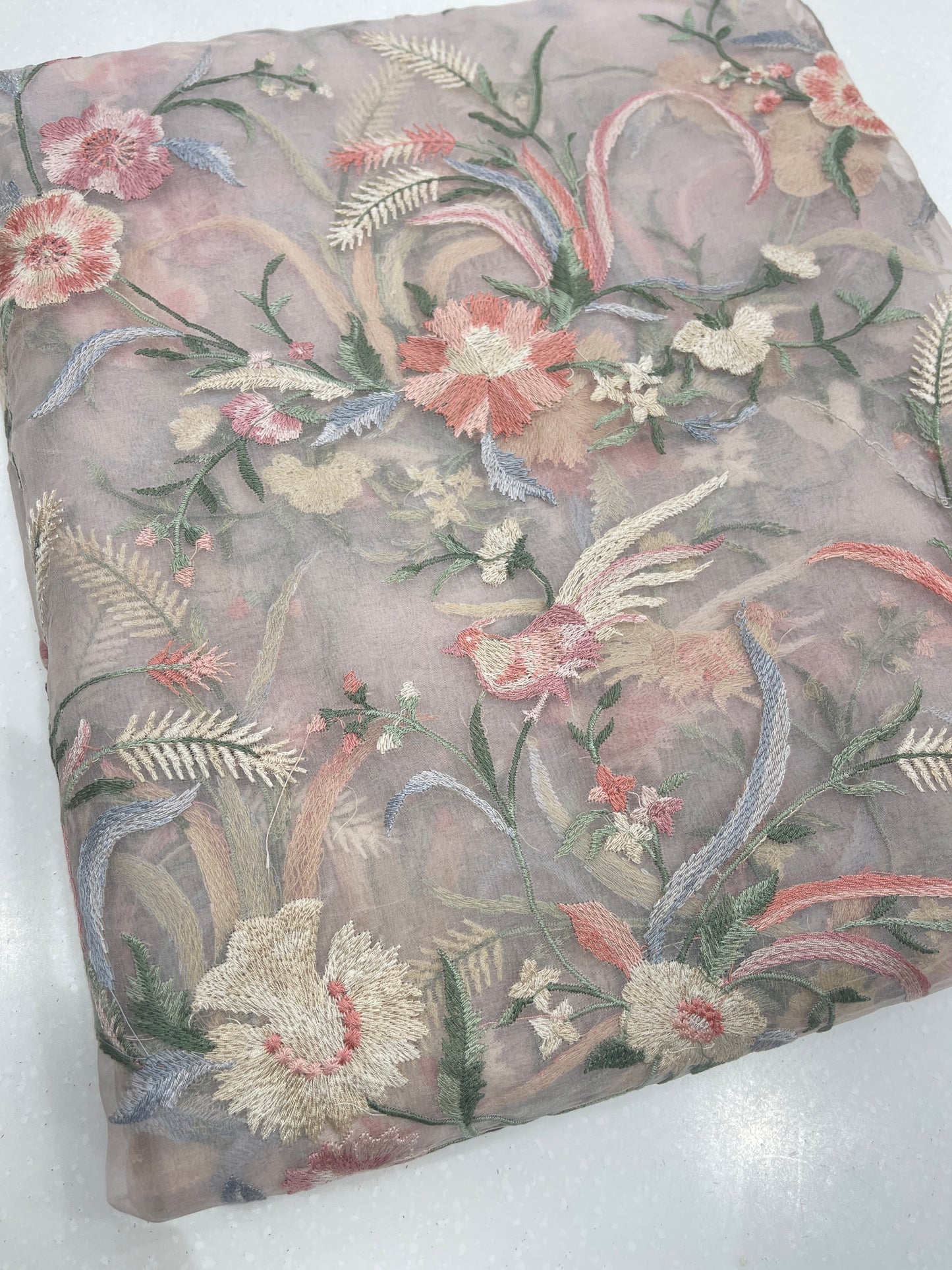 Pastel Bird & Floral Embroidered Organza Fabric – Designer Sheer Organza for Couture & Occasion Wear