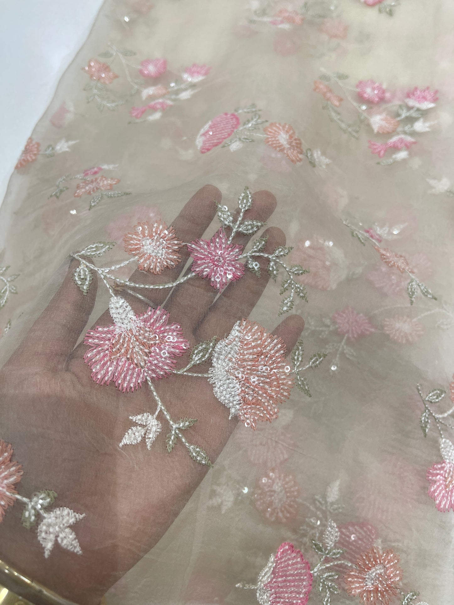 Premium Organza Embroidery Fabric – Pastel Floral Scattered Design