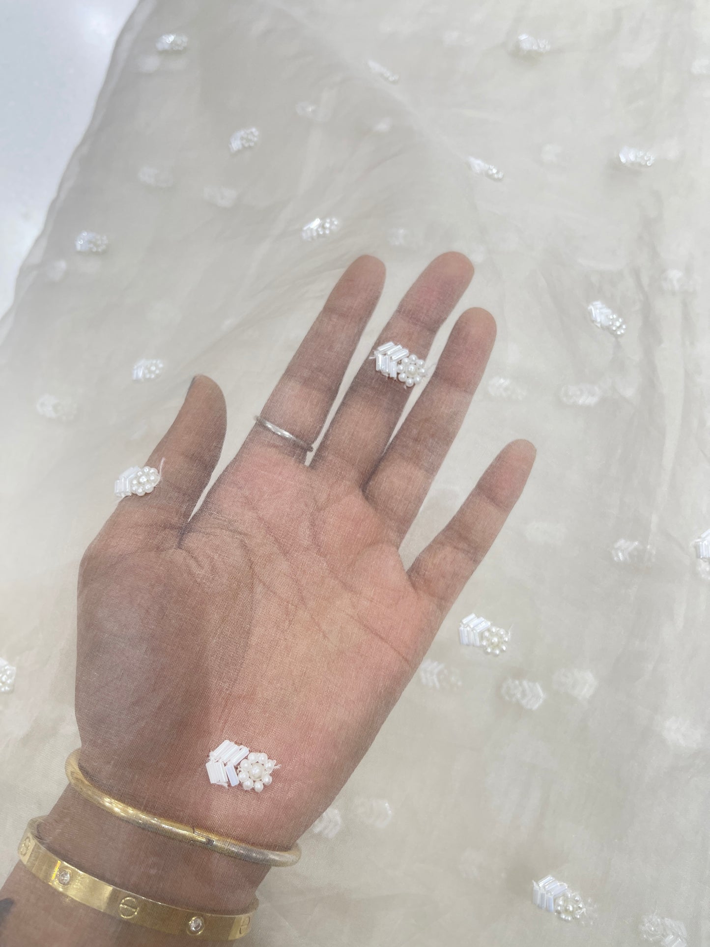 Ivory Organza Cut Dana Butti Embroidered Fabric – Premium Handwork Organza for Bridal & Festive Wear