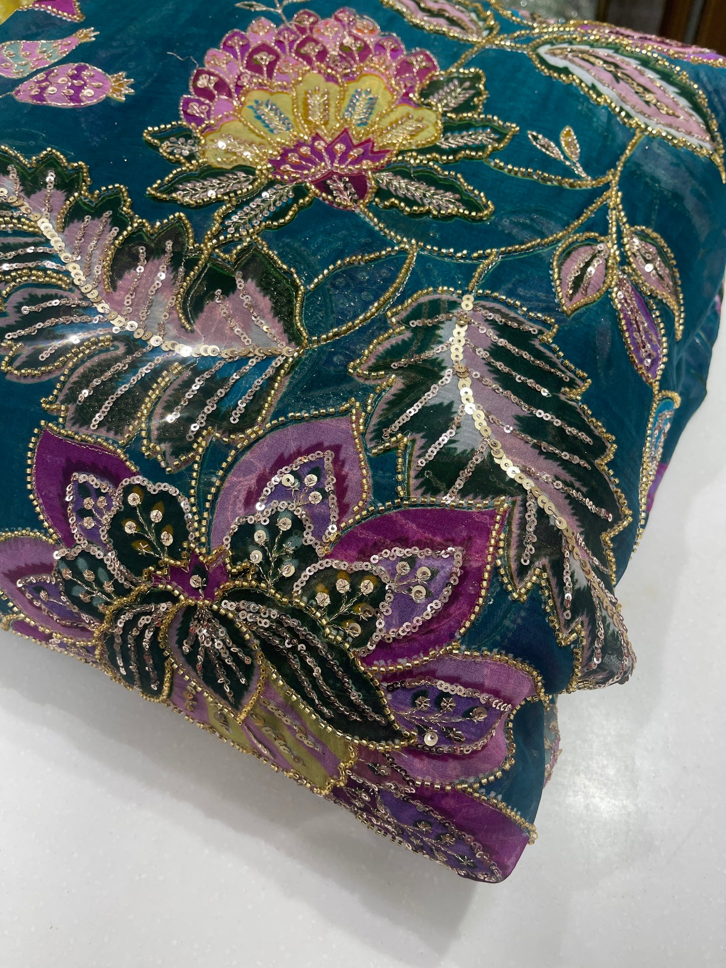 Premium Teal Multicolor Floral Heavy Embroidered Organza Cut Dana Fabric