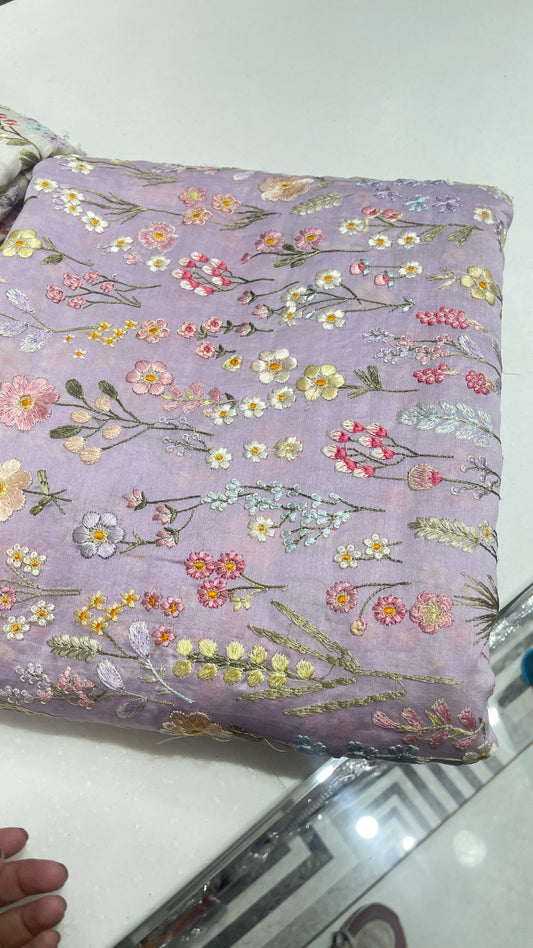 Chanderi Silk Embroidered Fabric – All Over Pastel Floral Butti Designer Ethnic Material