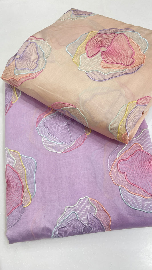 Chanderi Silk Embroidered Fabric – Pastel Multicolor Floral Designer Luxury Material
