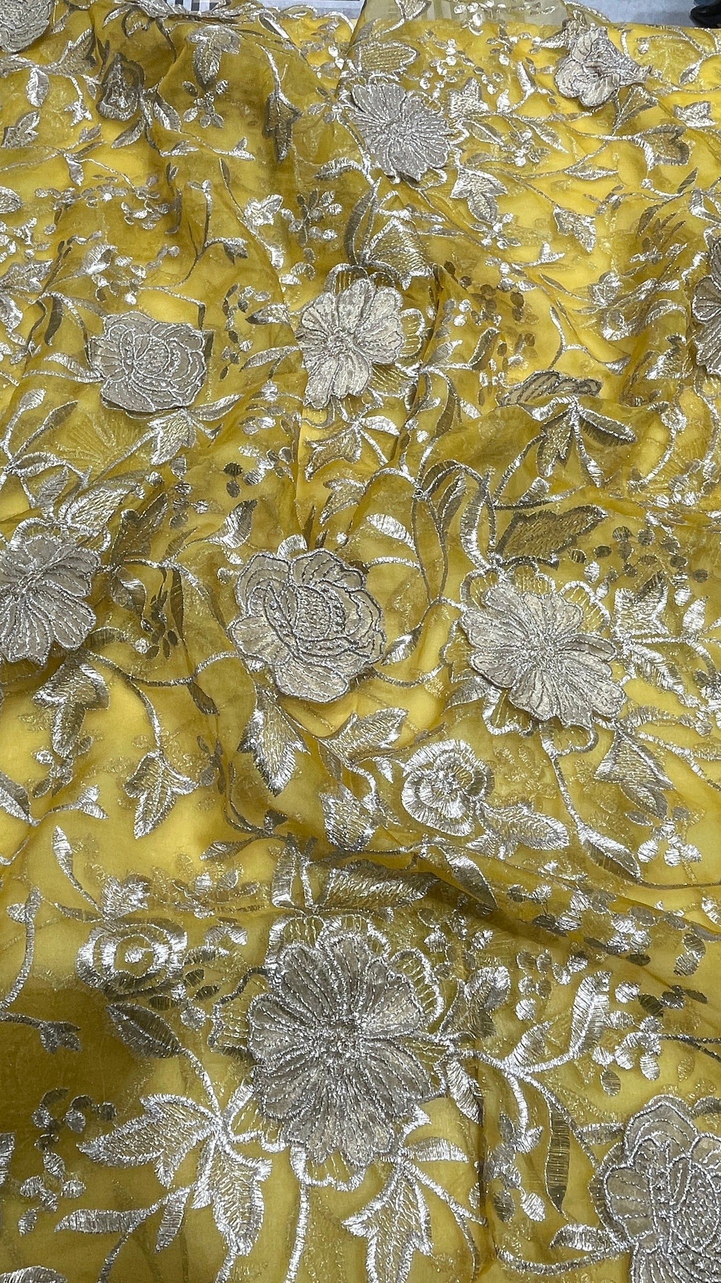 Mustard Yellow Organza Flower Embroidered Fabric – 3D Floral Gold Threadwork