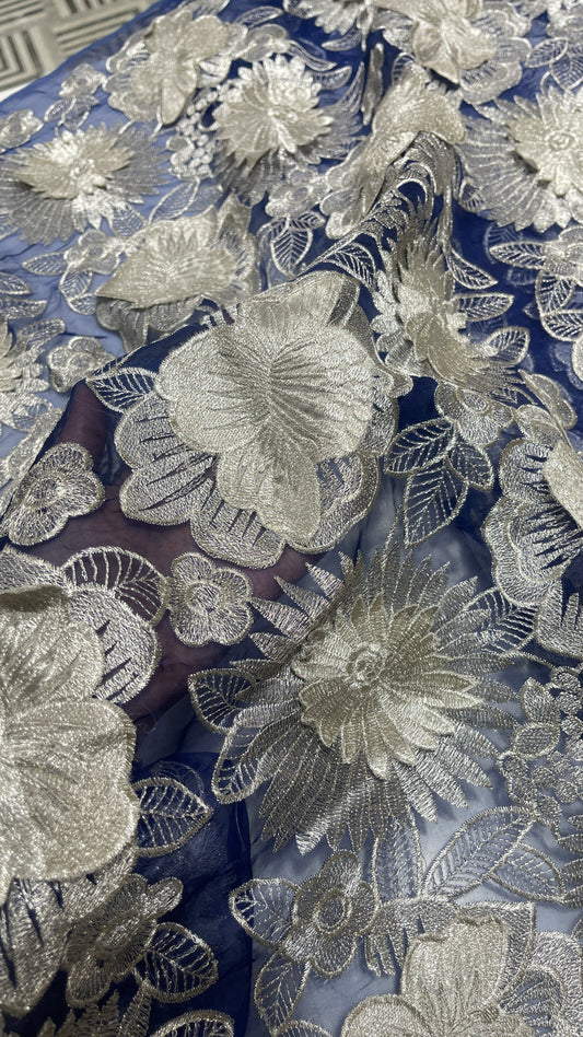 Royal Blue 3D Silver Floral Organza Embroidery Fabric – Luxury Designer Couture Fabric