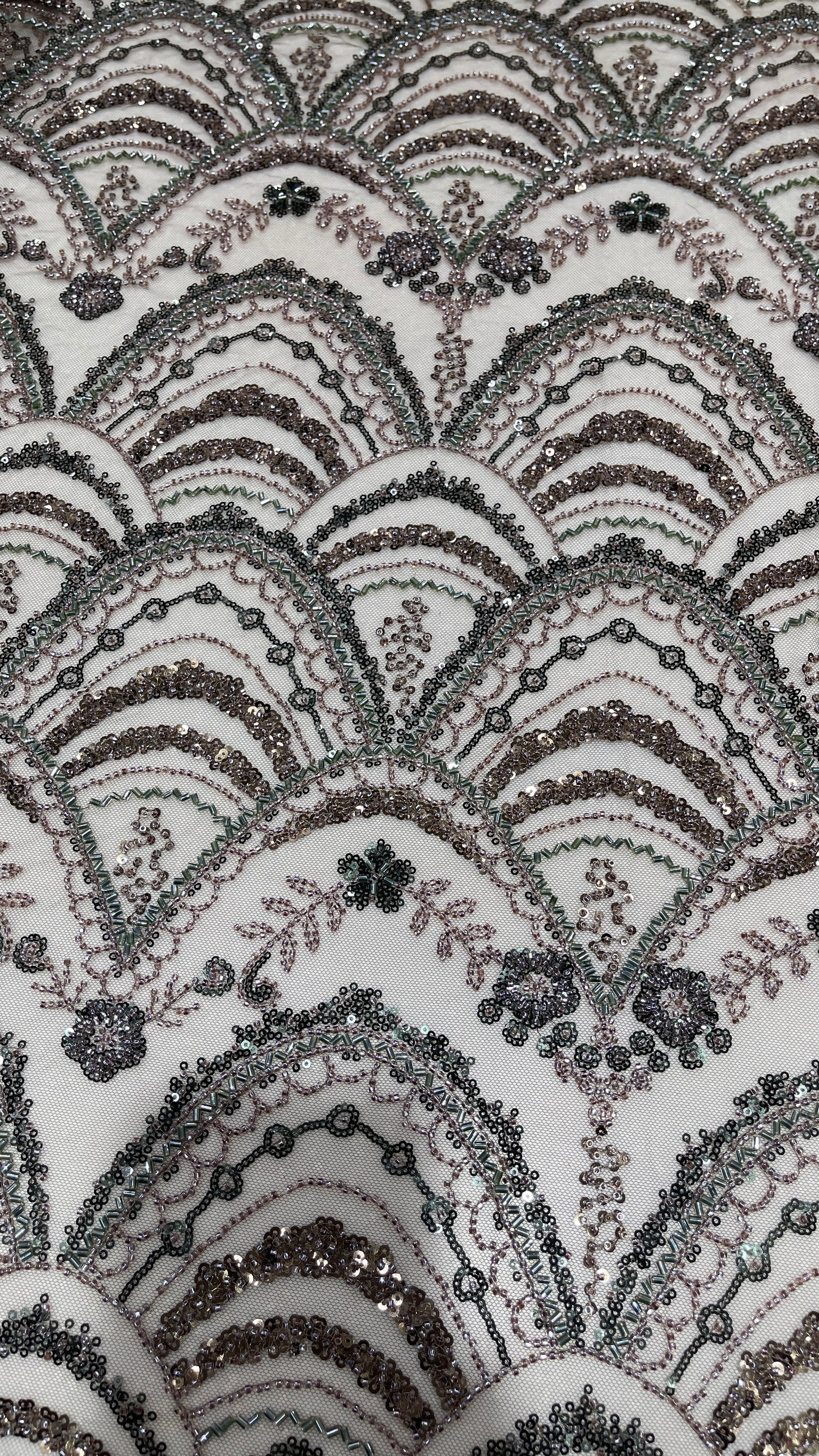 Designer Scallop Pattern Net Embroidery Fabric with Sequins & Beadwork – Bridal Couture Material