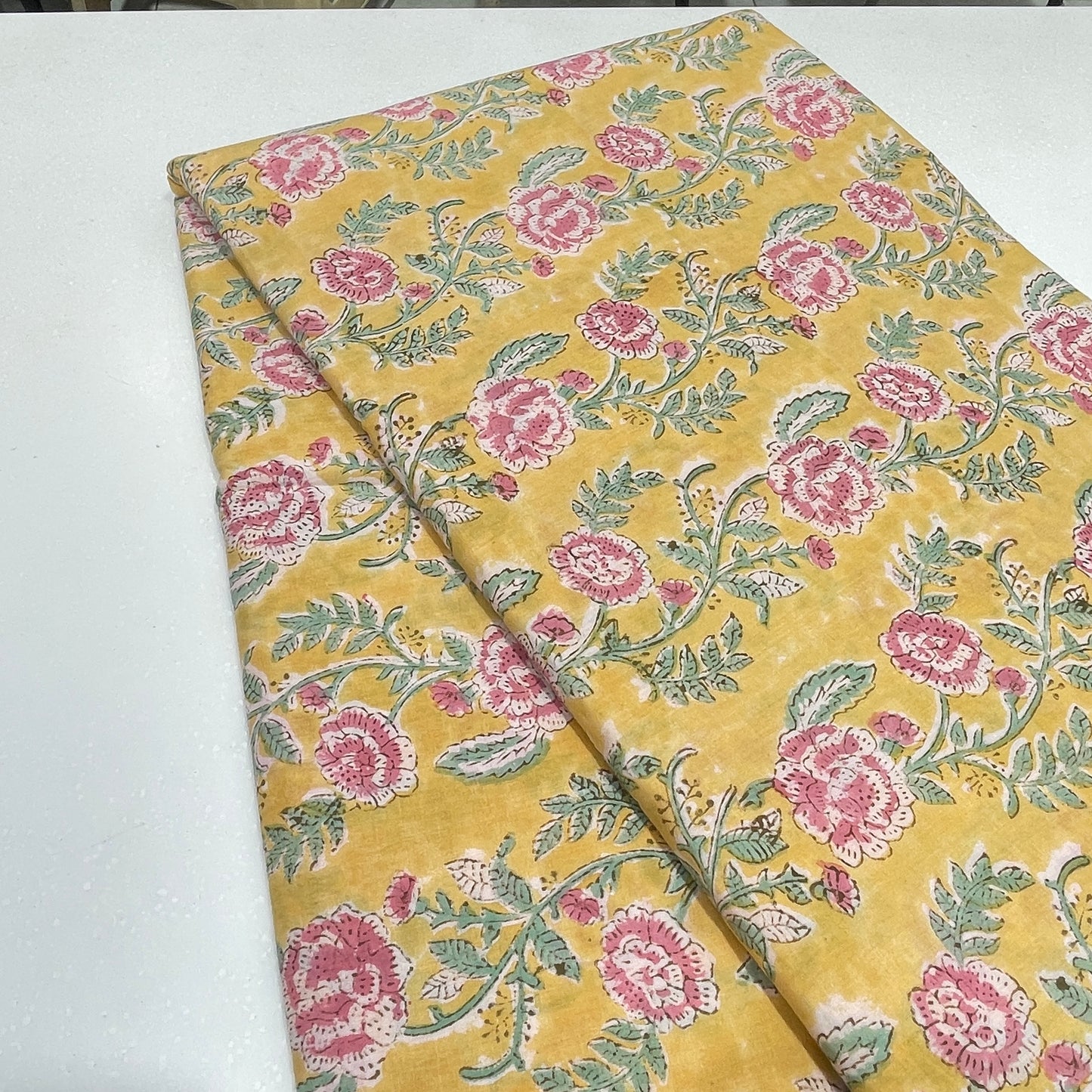 Mustard Yellow Floral Cotton Print Fabric – Pink Blossom Hand Block Style