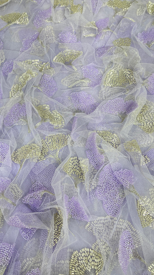Lavender & Gold Hand Beaded Net Fabric – Designer Embroidered Mesh Fabric for Gowns, Dresses & Dupattas