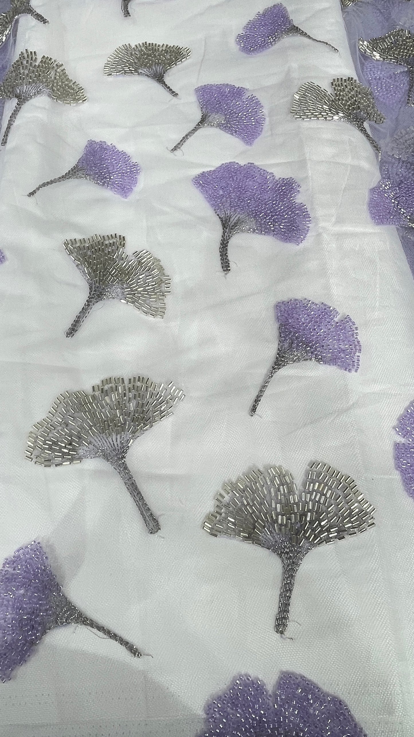 Lavender & Gold Hand Beaded Net Fabric – Designer Embroidered Mesh Fabric for Gowns, Dresses & Dupattas