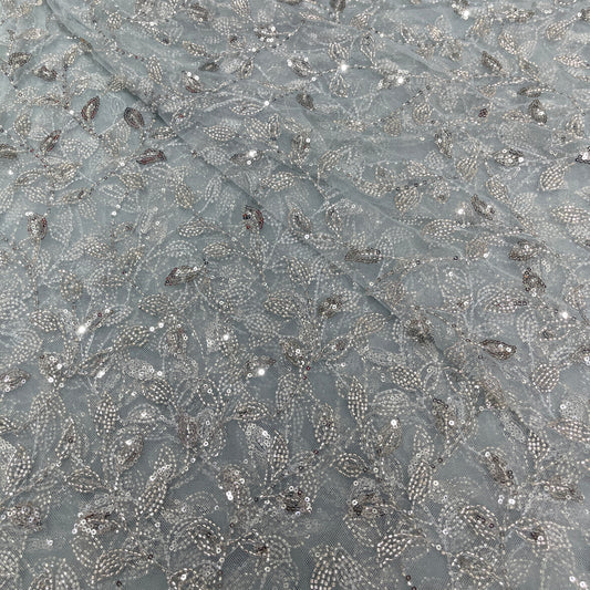 Ice Blue Net Fabric with Silver Sequin Floral Embroidery