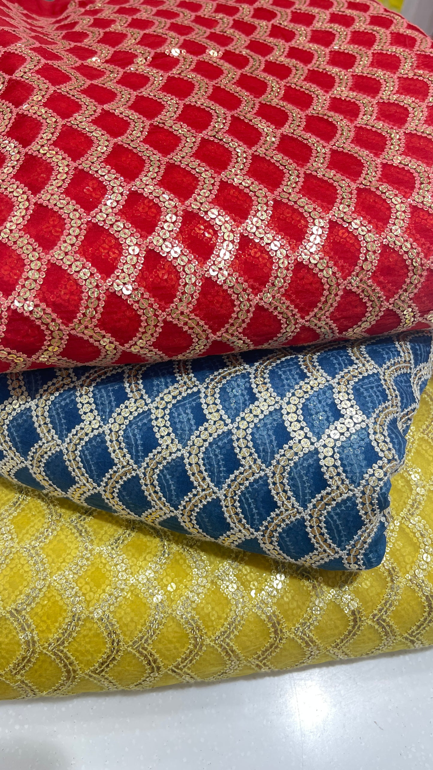 Luxury Organza Embroidered Fabric with Antique Gold Sequin Work