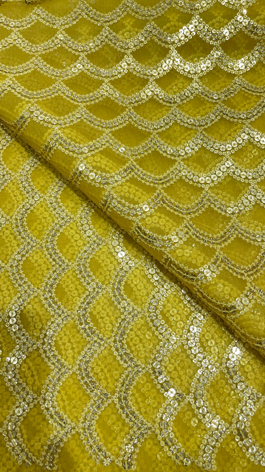 Luxury Organza Embroidered Fabric with Antique Gold Sequin Work