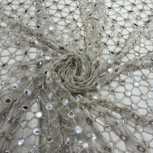 Premium Champagne Mirror Work Embroidered Net Fabric