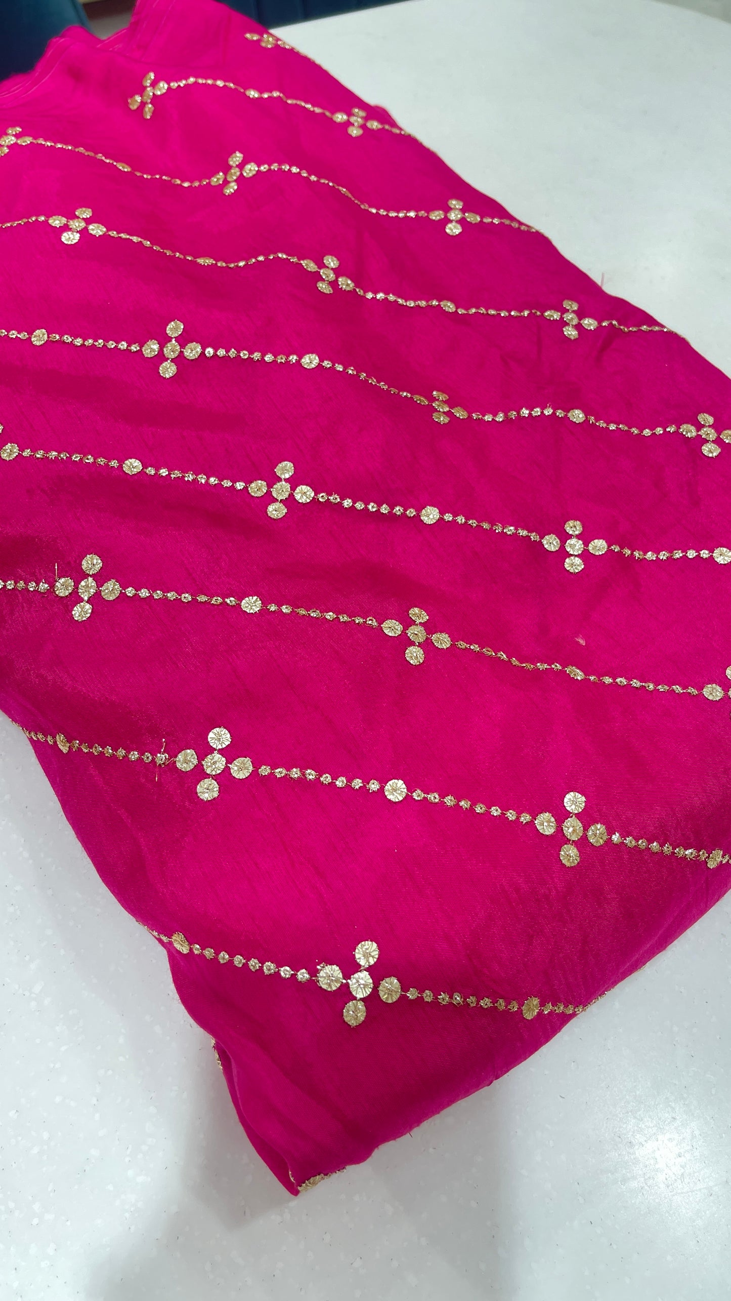 Elegant Coloured Foil Printed Fabric with Gold Buti Lines – Premium Festive Wear Material