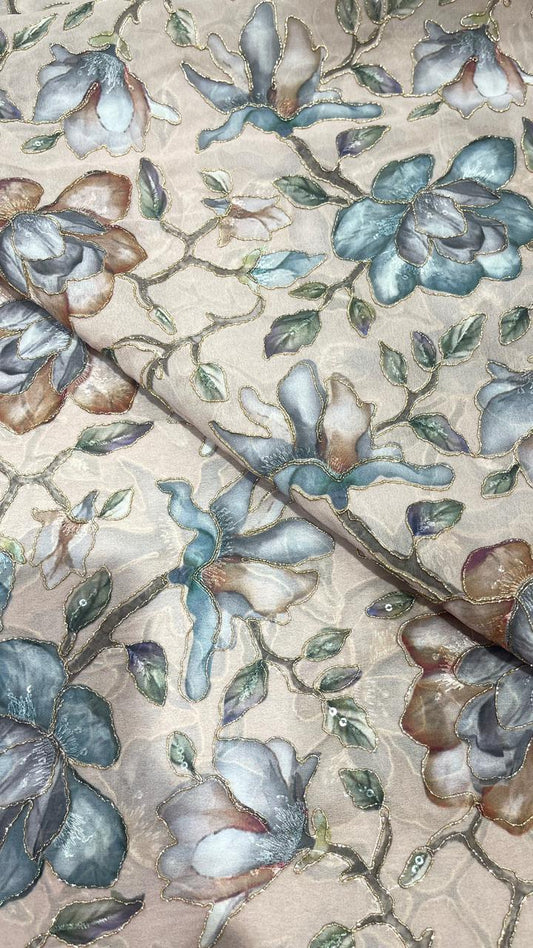 Beige Georgette Fabric with Blue & Brown Floral Digital Print