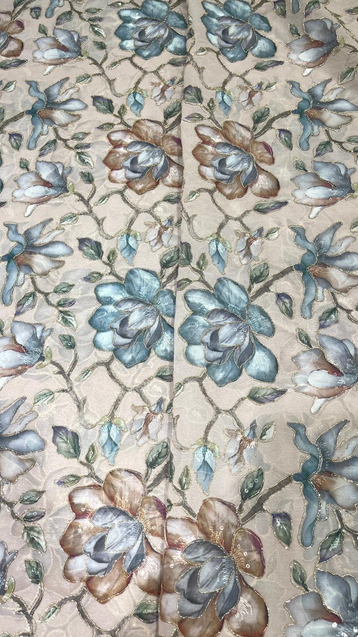 Beige Georgette Fabric with Blue & Brown Floral Digital Print