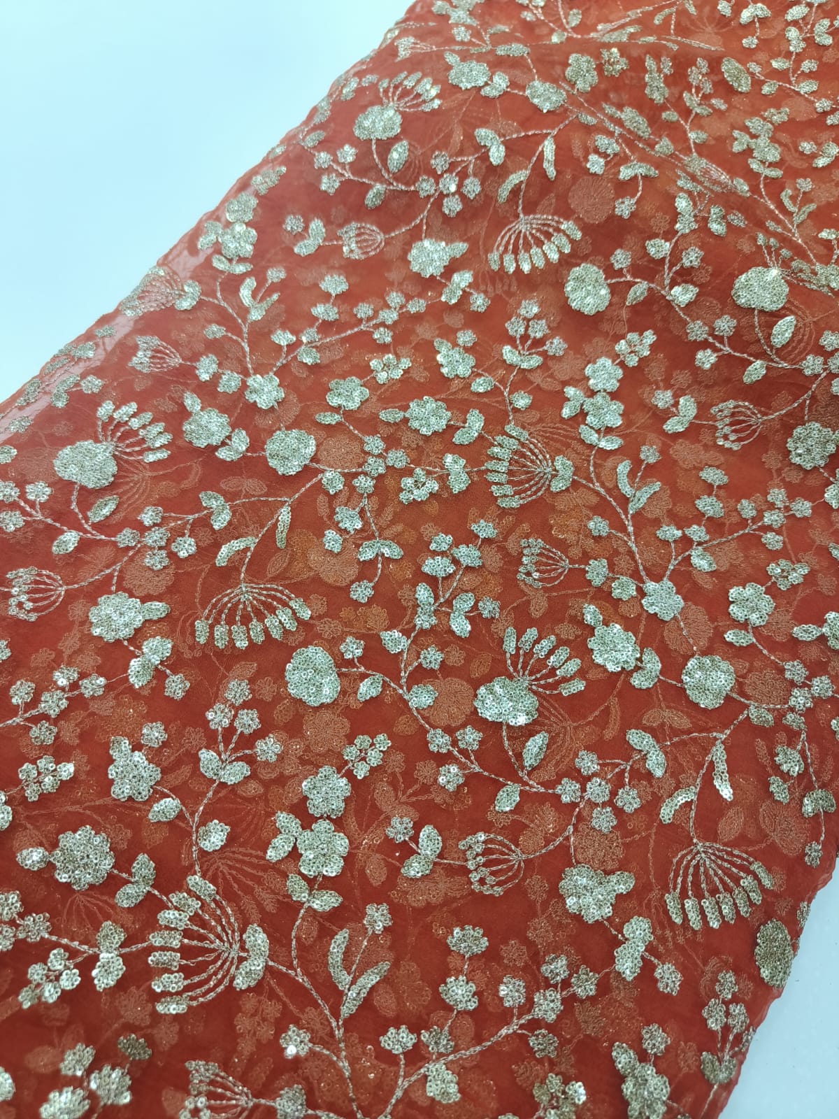 Pure Silk Organza Zari Embroidery Fabric – Rust Orange