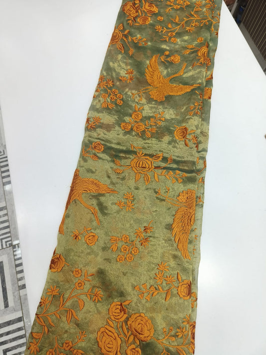 Pure Silk Tissue Bird & Floral Embroidery Fabric – Olive Green