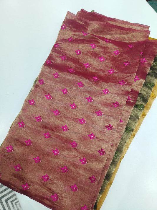 Pure Silk Tissue Star Butti Embroidery Fabric – Antique Gold Wine