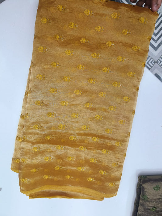 Pure Silk Tissue Butti Embroidery Fabric – Golden Mustard