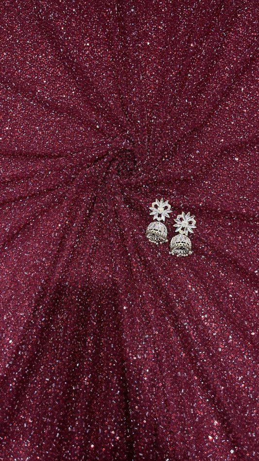 Premium Wine Red Heavy Sequins & Beads Embroidered Net Fabric