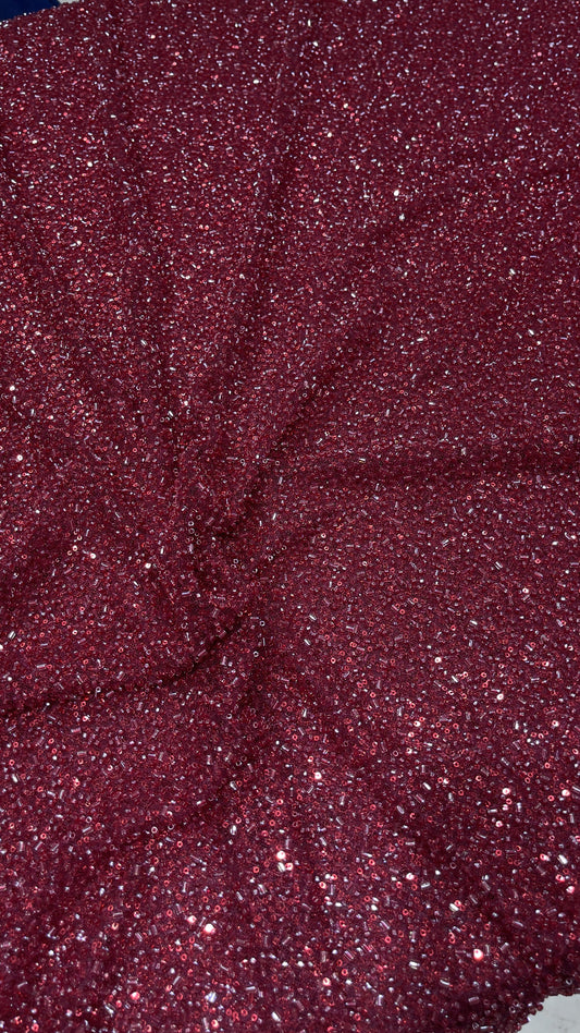Premium Wine Red Heavy Sequins & Beads Embroidered Net Fabric