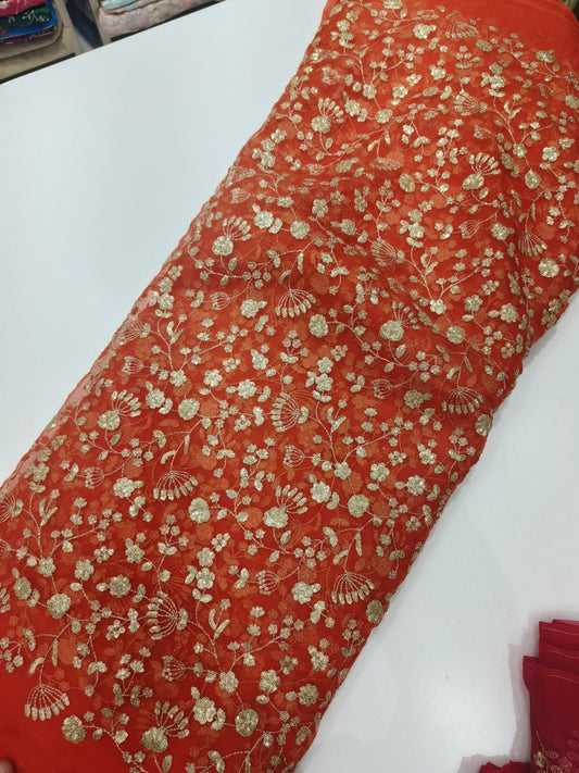 Pure Silk Organza Zari Embroidery Fabric – Rust Orange