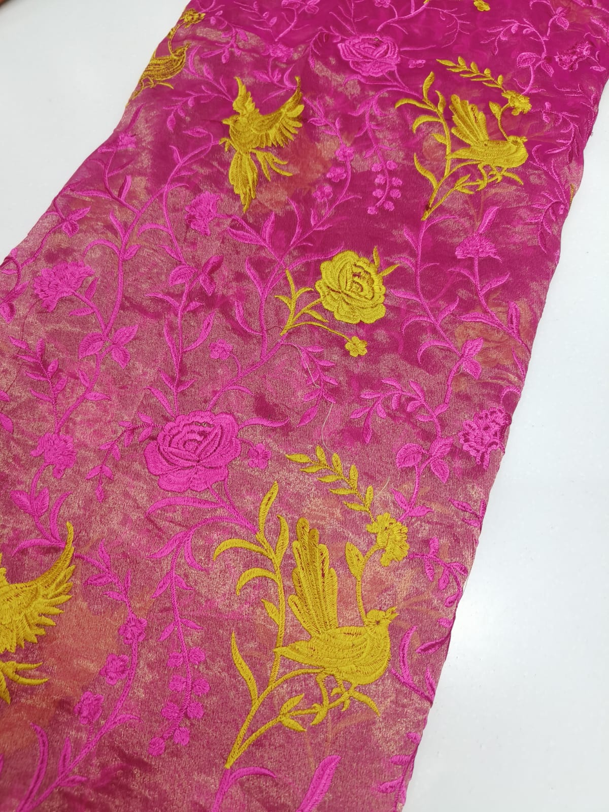 Pure Silk Tissue Embroidery Fabric – Pink & Mustard Floral