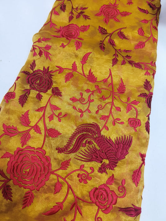 Pure Silk Tissue Bird & Floral Embroidery Fabric – Mustard Gold
