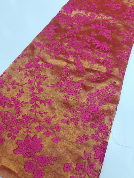 Pure Silk Tissue Floral Embroidery Fabric – Antique Gold & Magenta