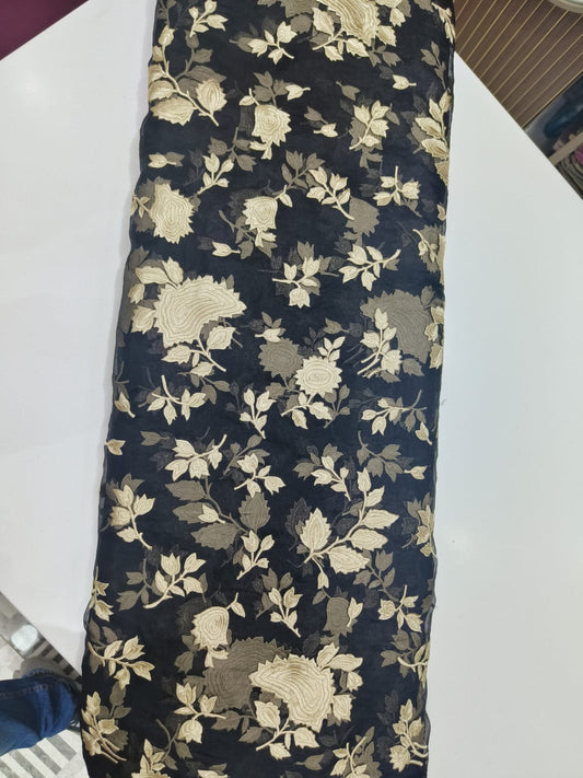 Pure Silk Organza Zari Embroidery Fabric – Midnight Black