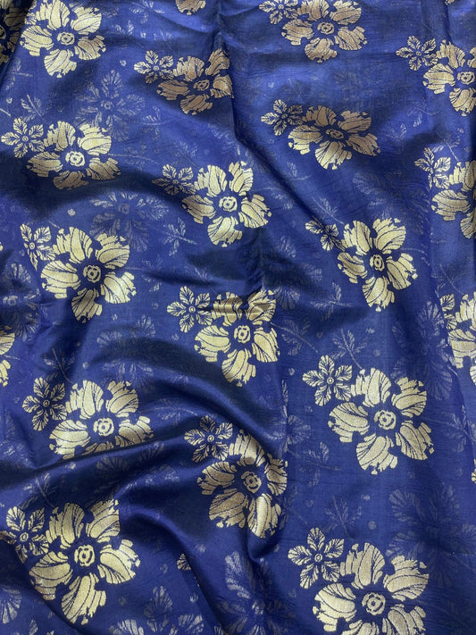 Pure Silk Banarasi Brocade Fabric – Royal Blue with Gold Floral Zari