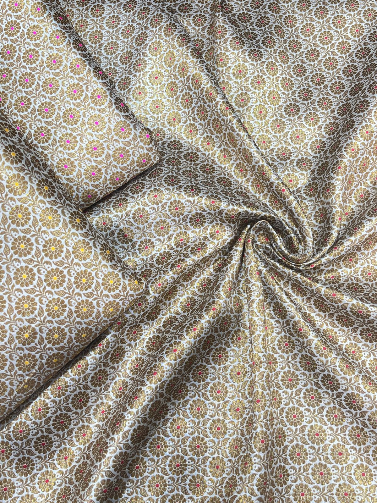 Pure Silk Banarasi Brocade Fabric – Gold Floral Buta with Pink Highlights