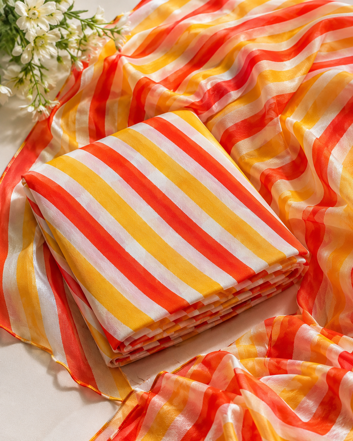 Sunset Stripe Crepe & Chiffon Fabric Combo – Orange, Yellow & White Designer Print