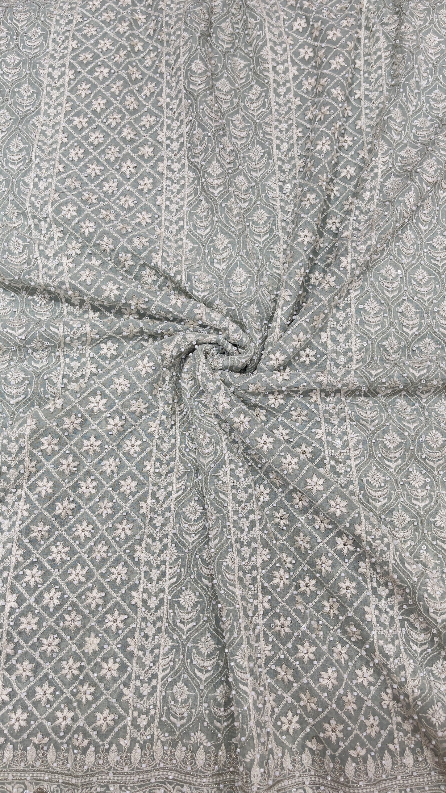 Pastel Grey Georgette Embroidered Fabric with Heavy Border & Sequins