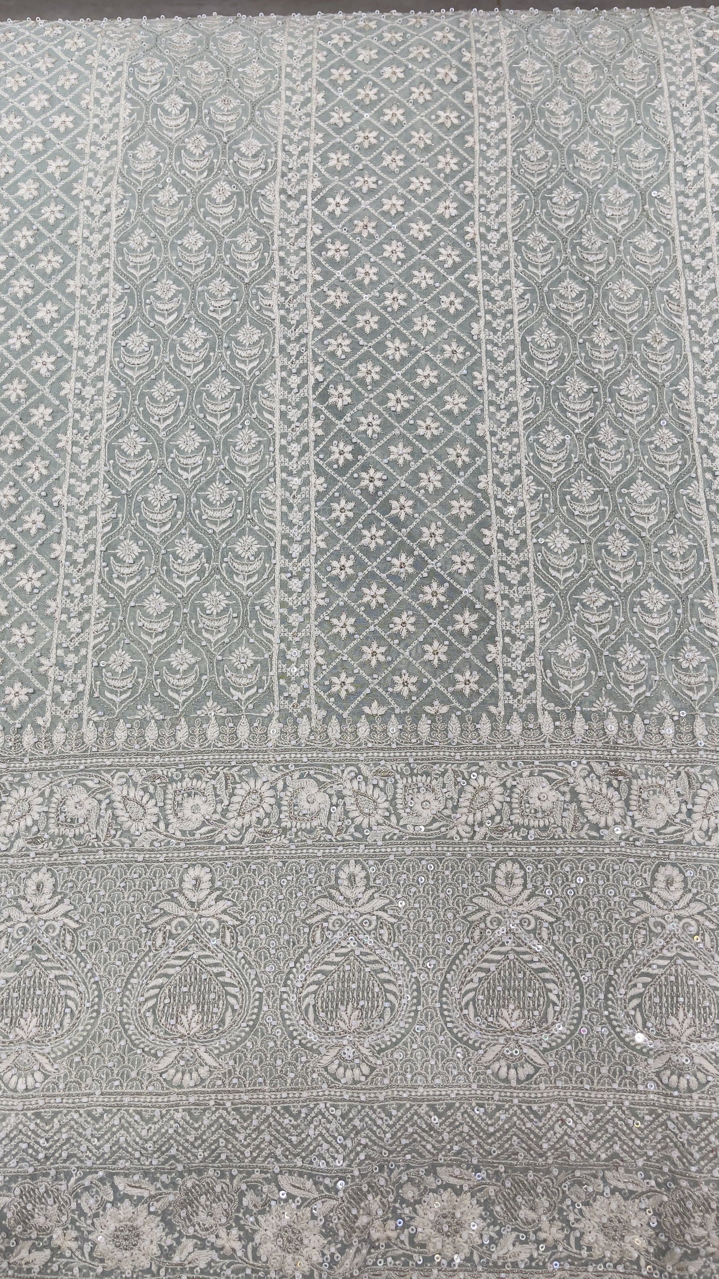 Pastel Grey Georgette Embroidered Fabric with Heavy Border & Sequins