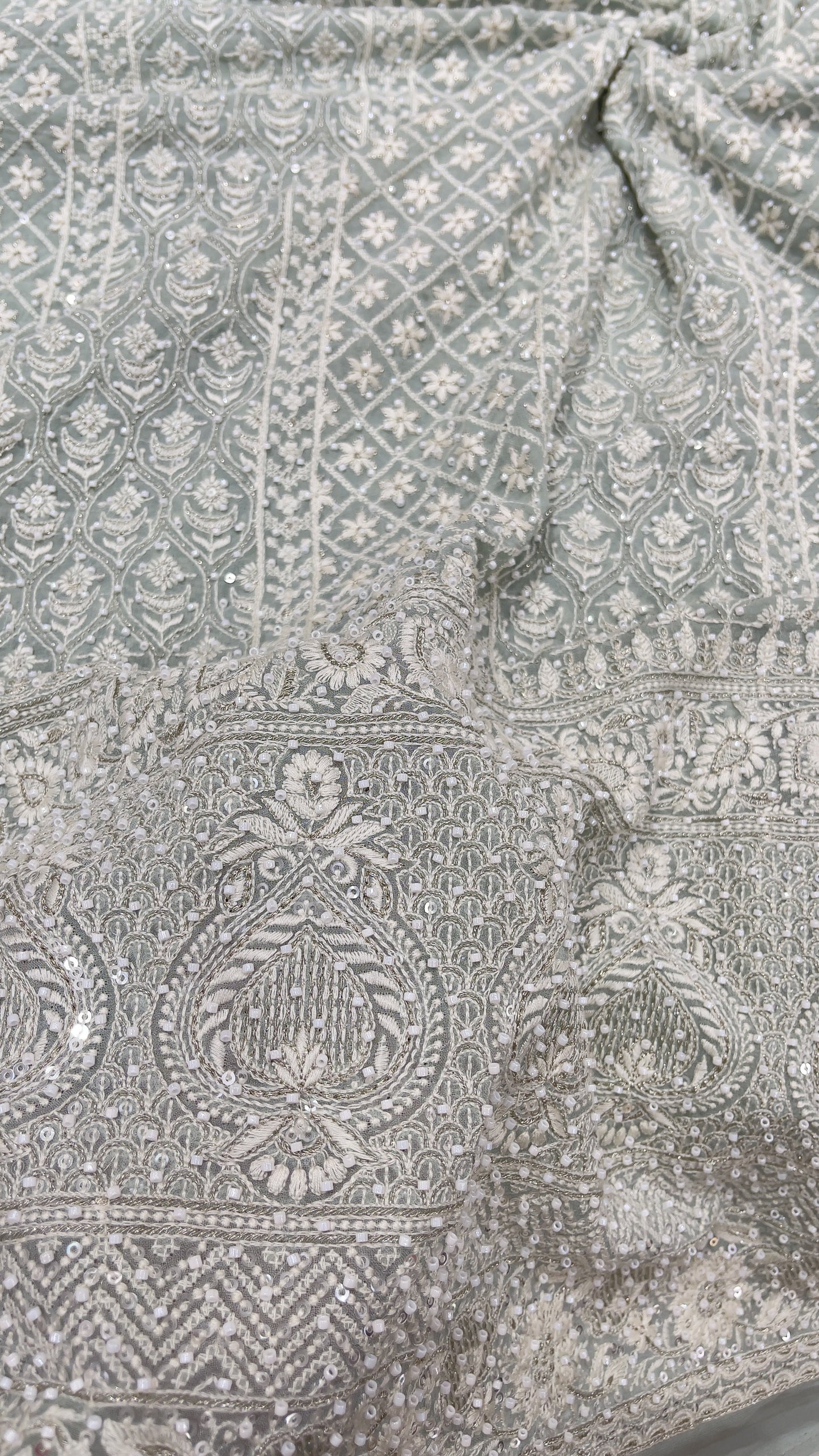 Pastel Grey Georgette Embroidered Fabric with Heavy Border & Sequins