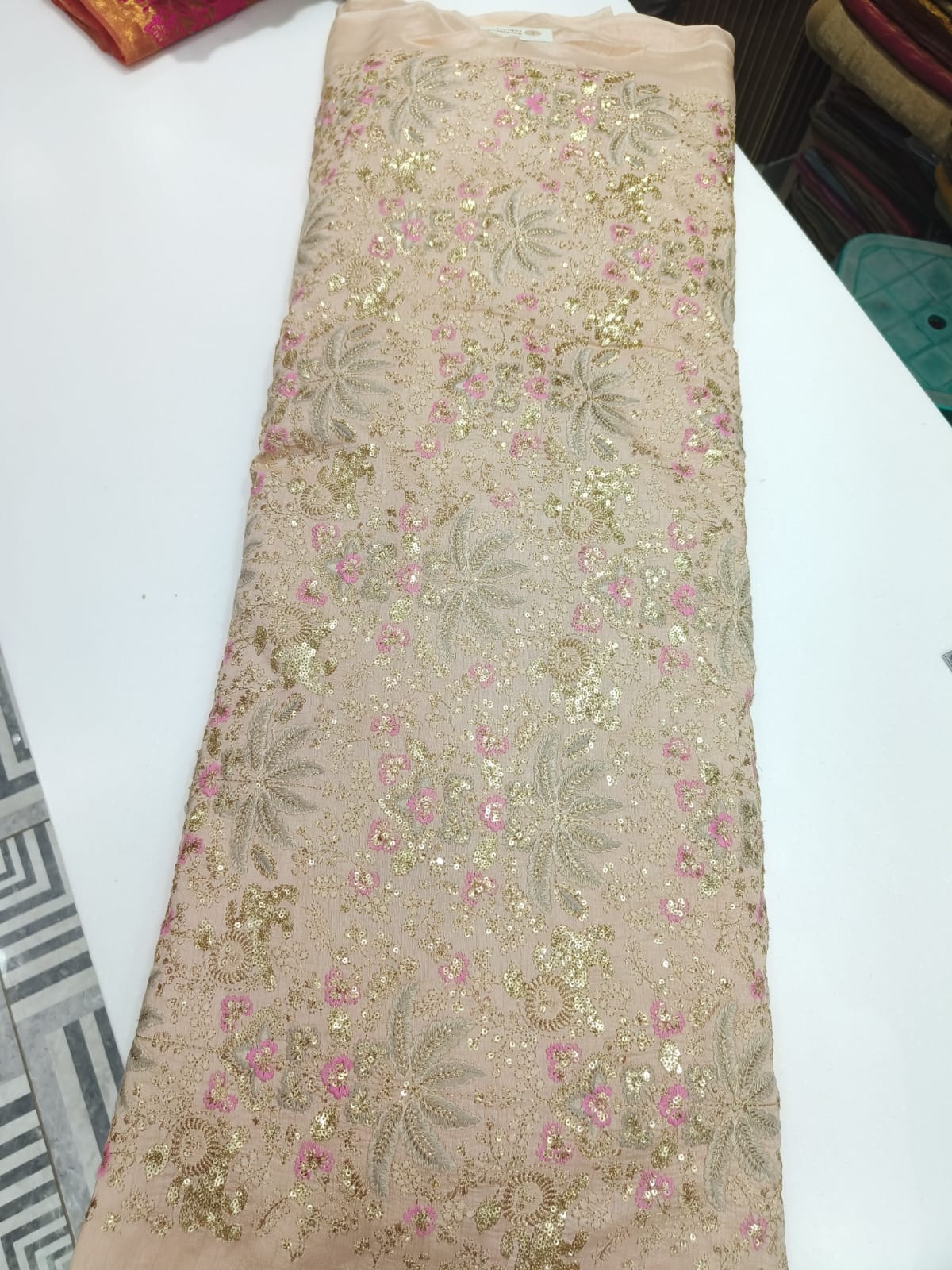 Elegant Beige Net Fabric with Gold Sequin Embroidery & Pink Floral Design