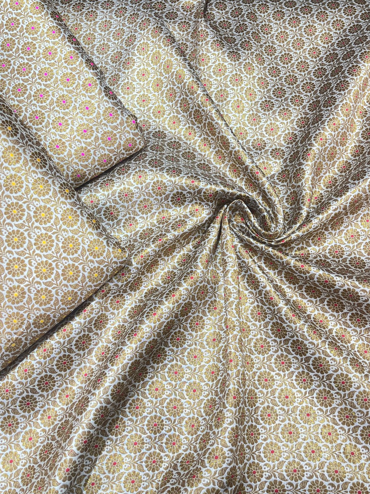 Pure Silk Banarasi Brocade Fabric – Gold Floral Buta with Pink Highlights