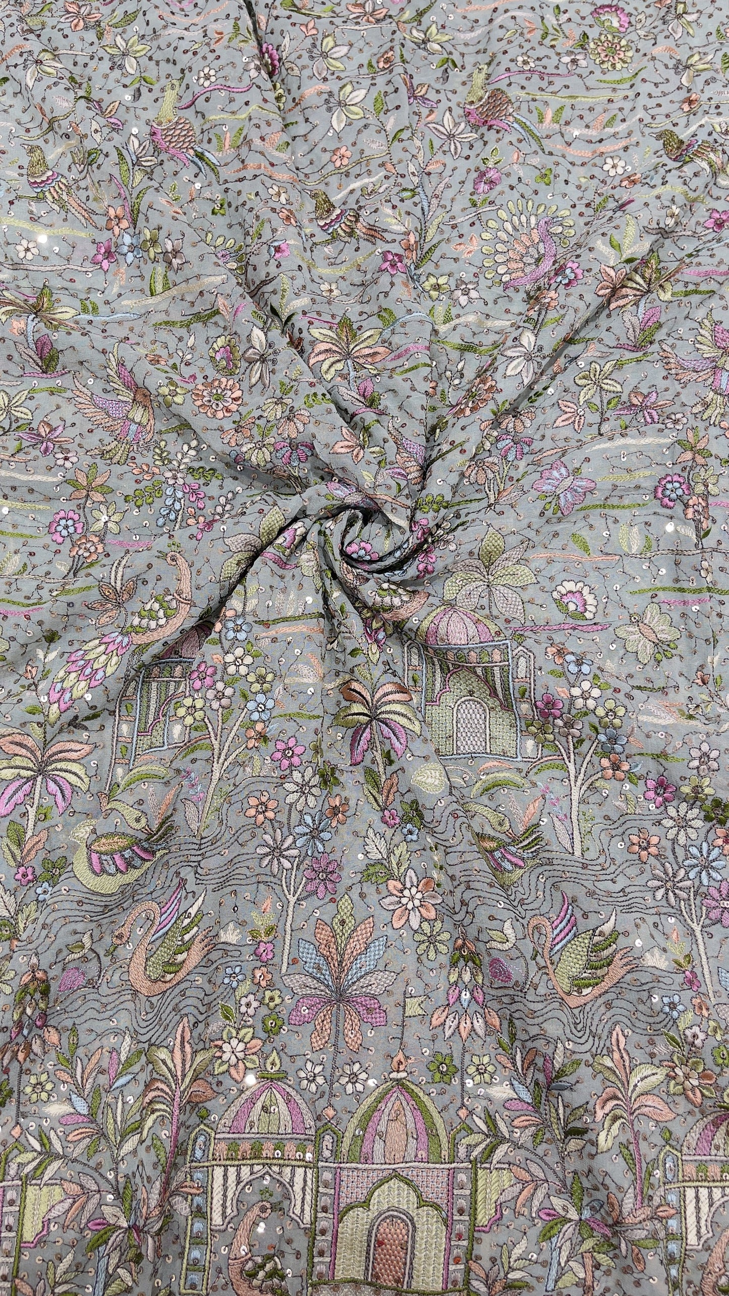 Multicolour Scenic Georgette Embroidered Fabric with Sequins – Designer Couture Fabric