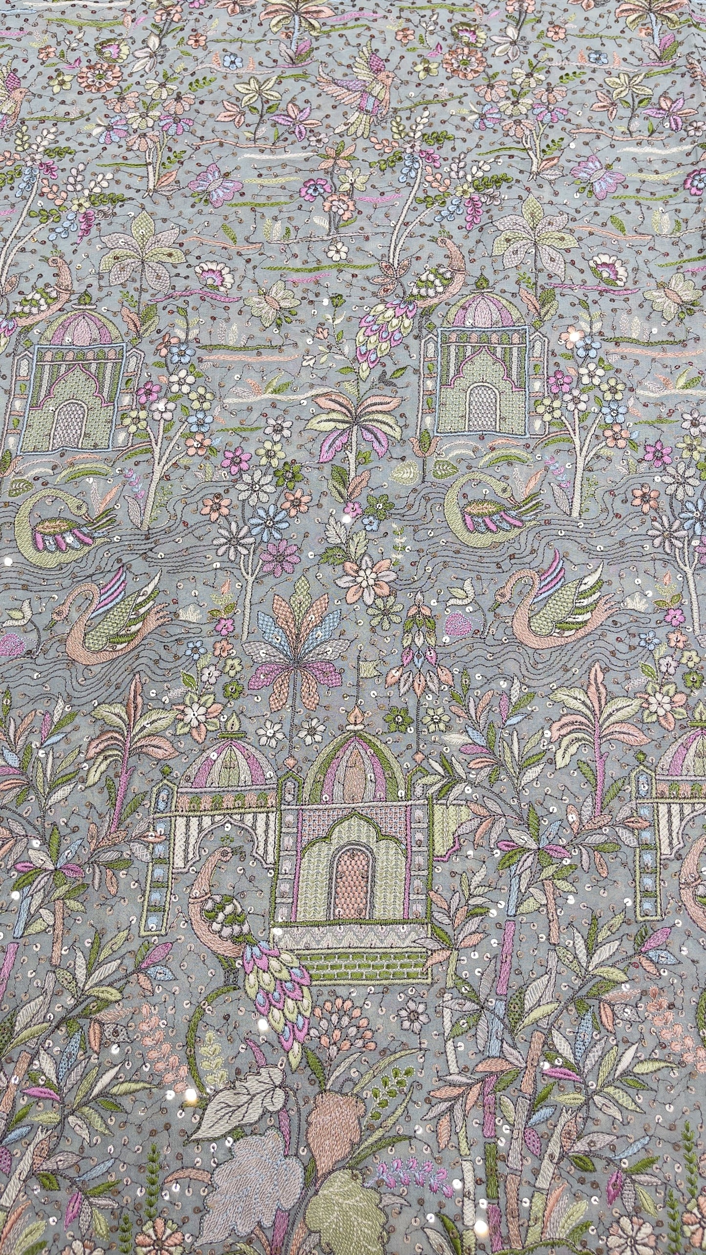 Multicolour Scenic Georgette Embroidered Fabric with Sequins – Designer Couture Fabric
