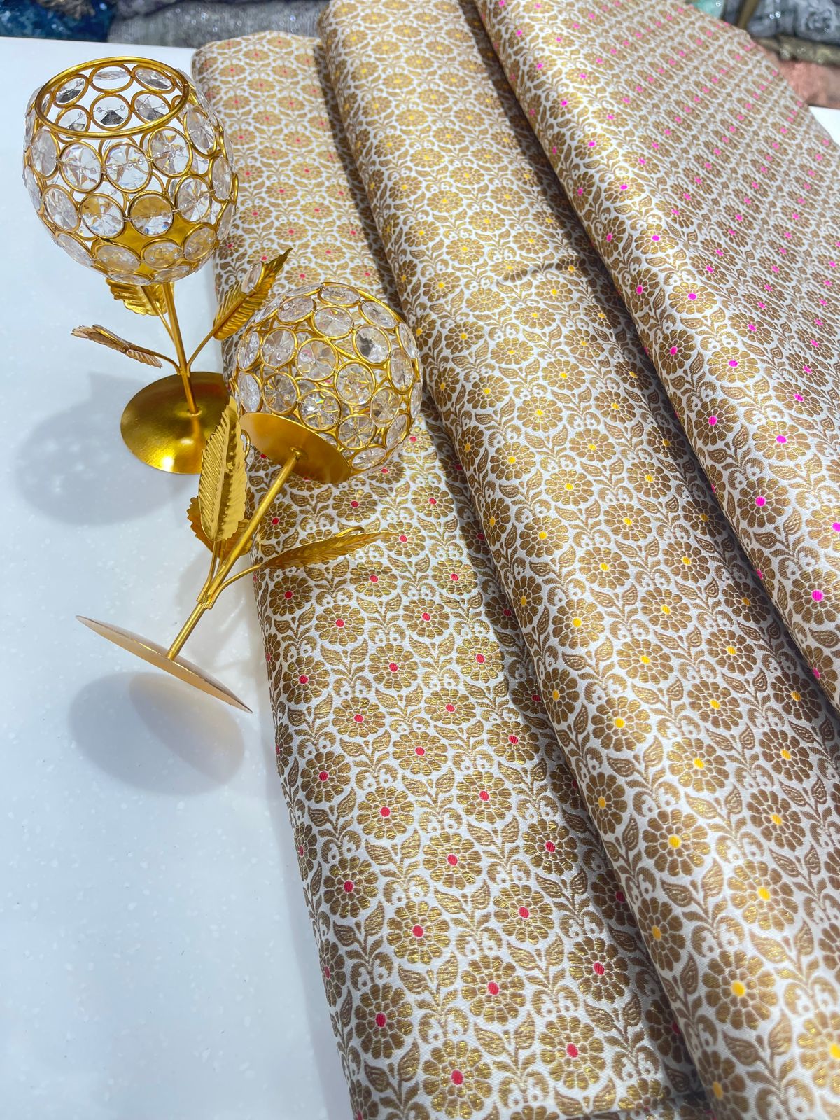 Pure Silk Banarasi Brocade Fabric – Gold Floral Buta with Pink Highlights